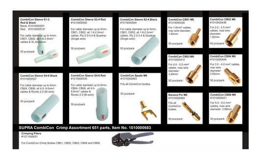 Supra CombiCon Crimp Assortment 651 Parts - Allt du behöver för att terminera högtalarkablar Crimptång med tillbehör