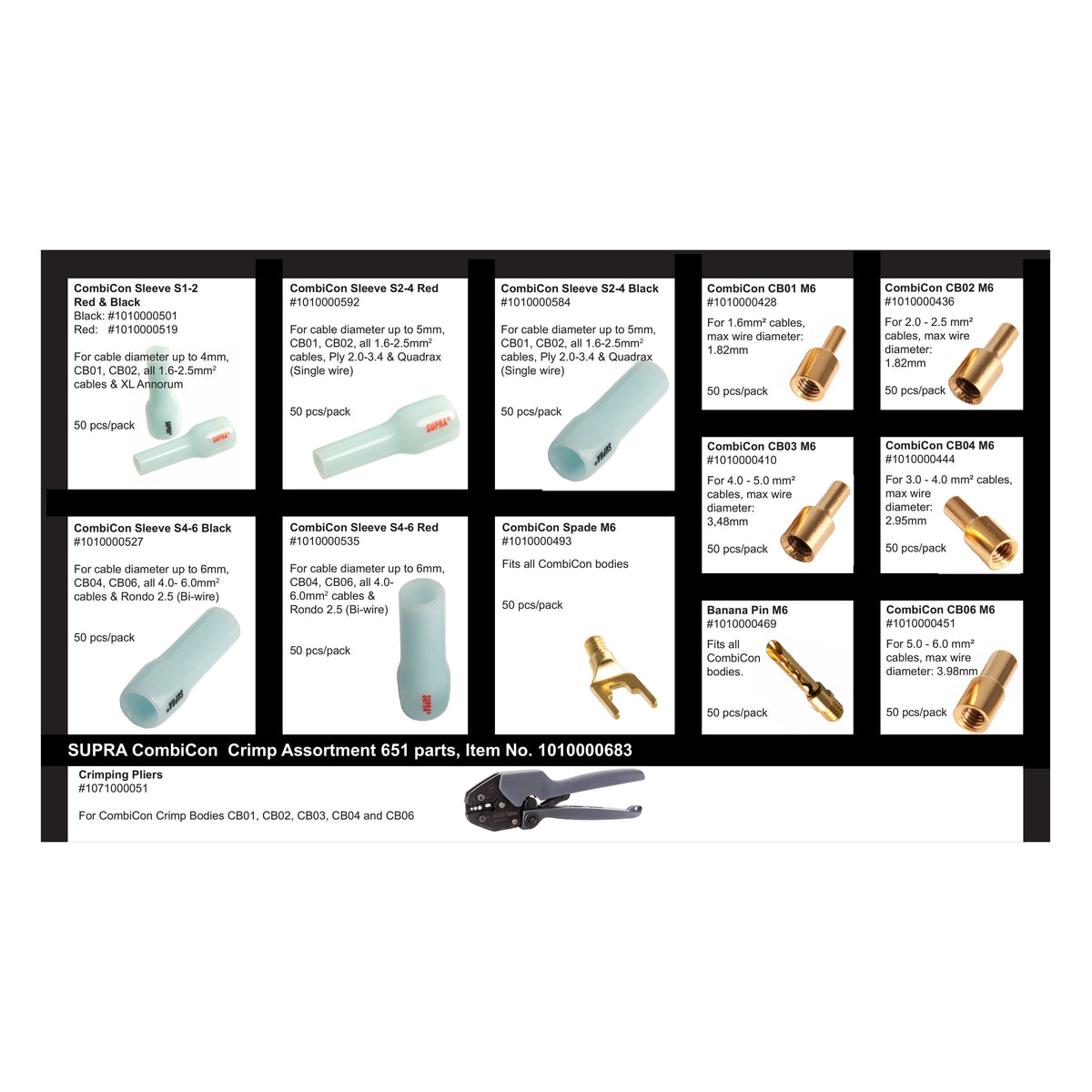Supra CombiCon Crimp Assortment 651 Parts - Allt du behöver för att terminera högtalarkablar Crimptång med tillbehör