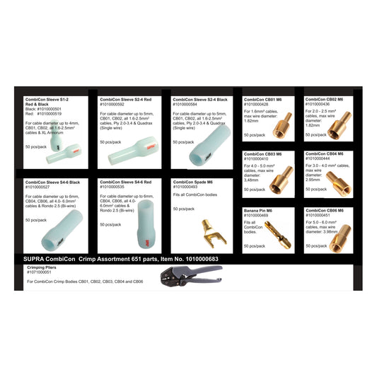 Supra CombiCon Crimp Assortment 651 Parts - Allt du behöver för att terminera högtalarkablar Crimptång med tillbehör